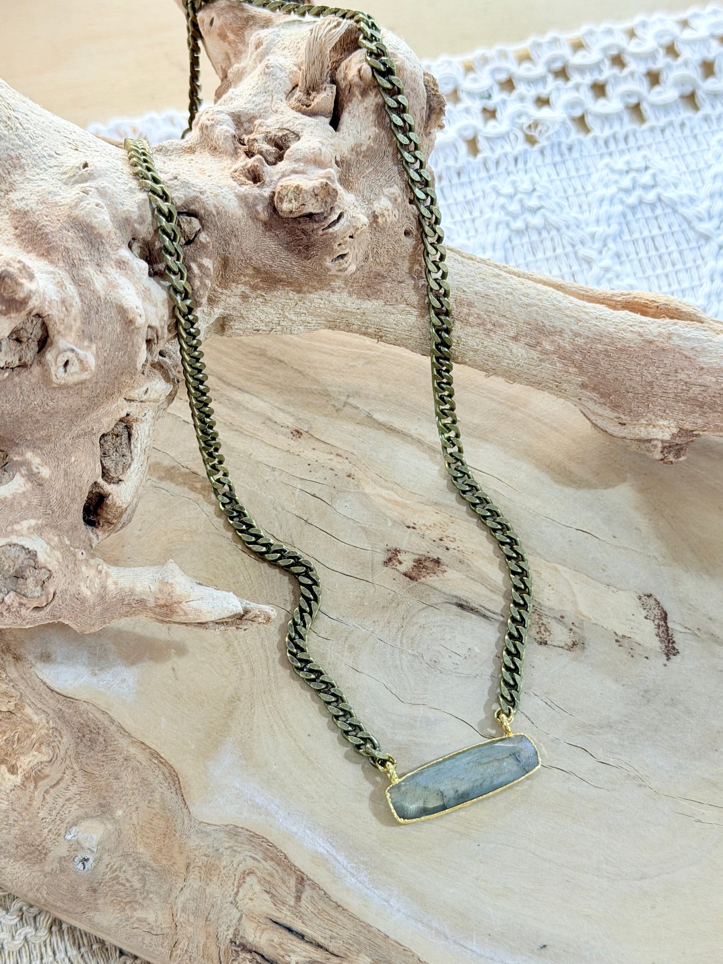 Labradorite + Antique Brass Bar Necklace