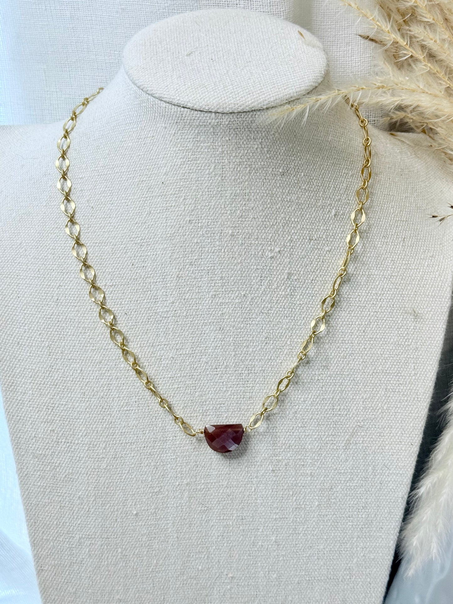 Chocolate Moonstone + Matte Gold Half Moon Necklace