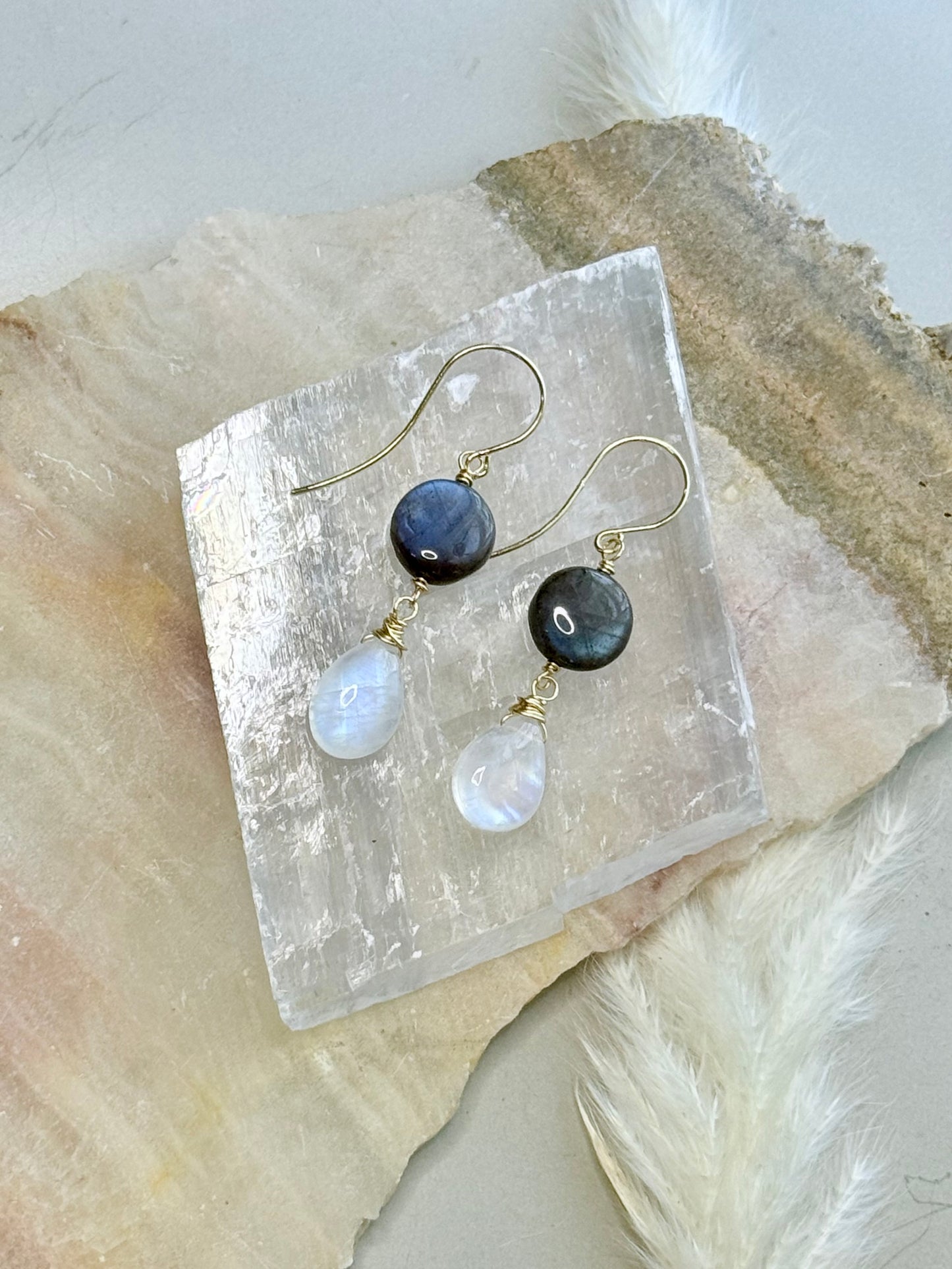 Labradorite + Rainbow Moonstone Gold Earrings