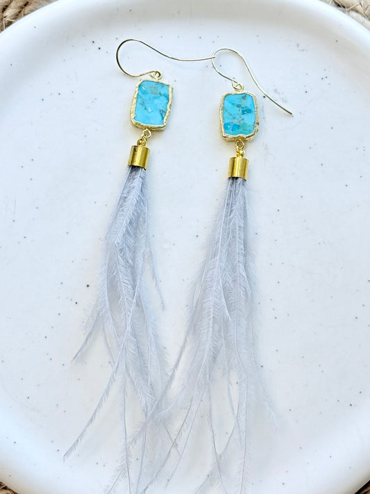 Turquoise + Gold Gray Feather Earrings