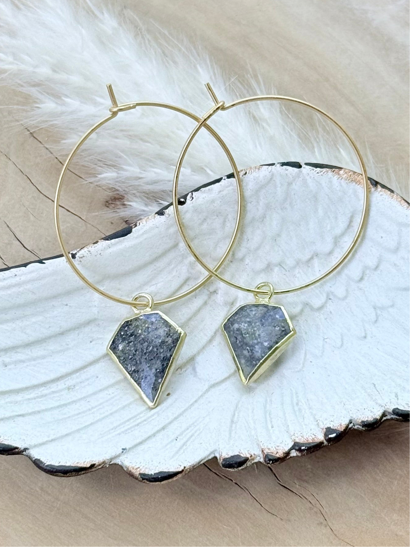 Black Sunstone + Matte Gold Hoop Earrings