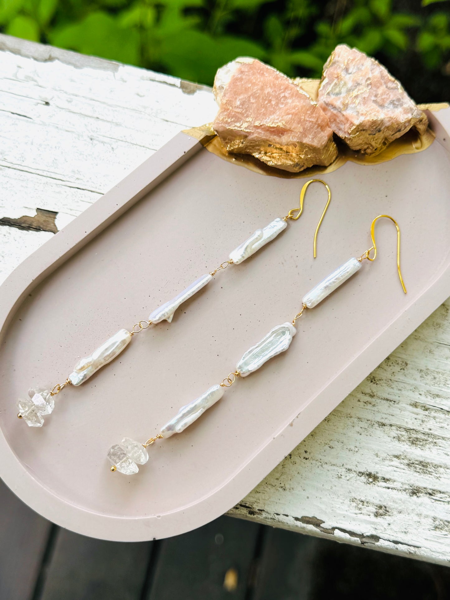 Freshwater Biwa Pearls + Herkimer Diamond Gold Drop Earrings