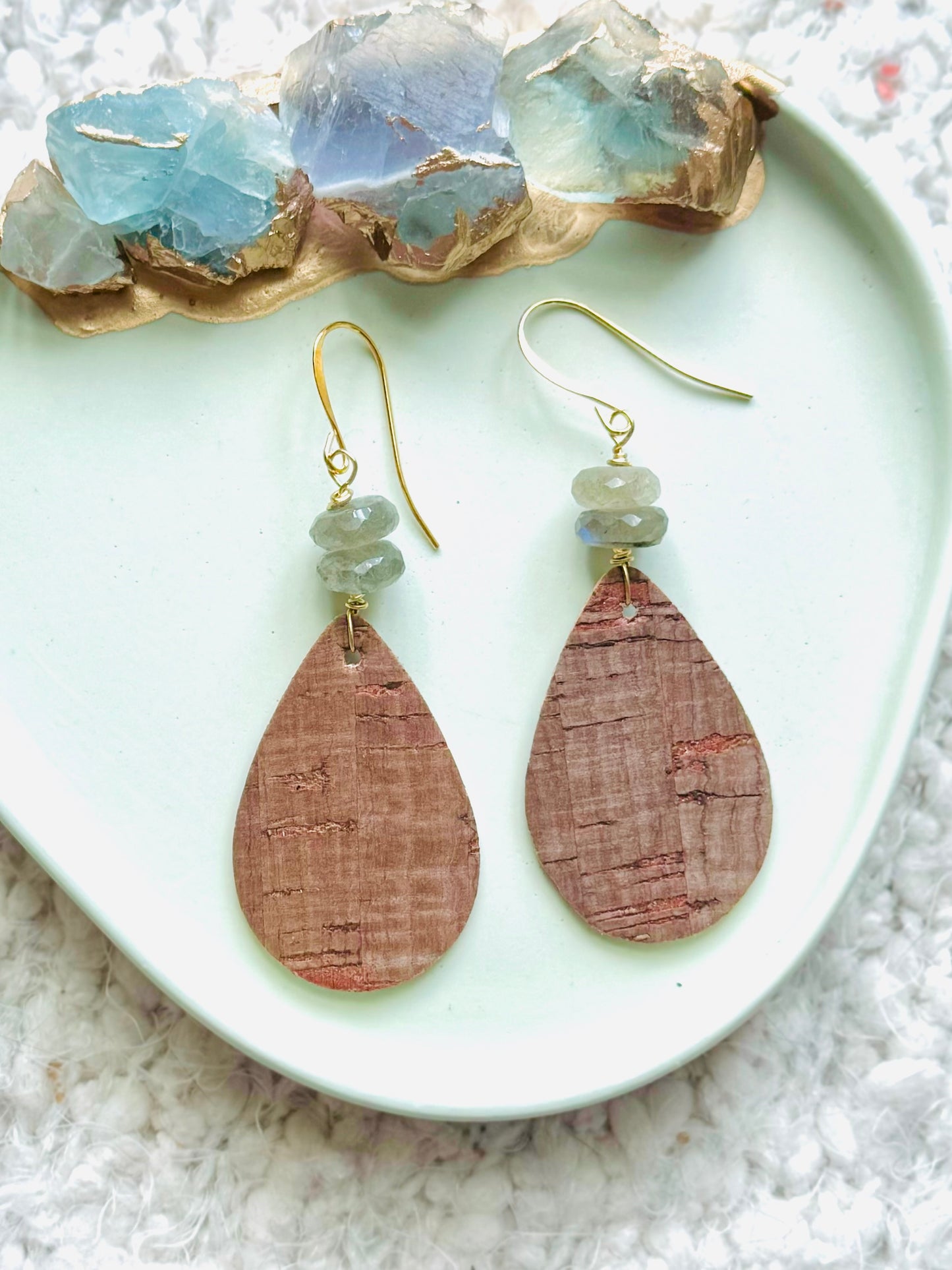 Labradorite + Gold Cork Teardrop Earrings
