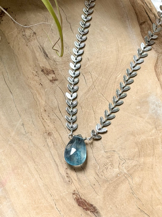 Blue Fluorite + Silver Stainless Steel Leaf Chain Necklace