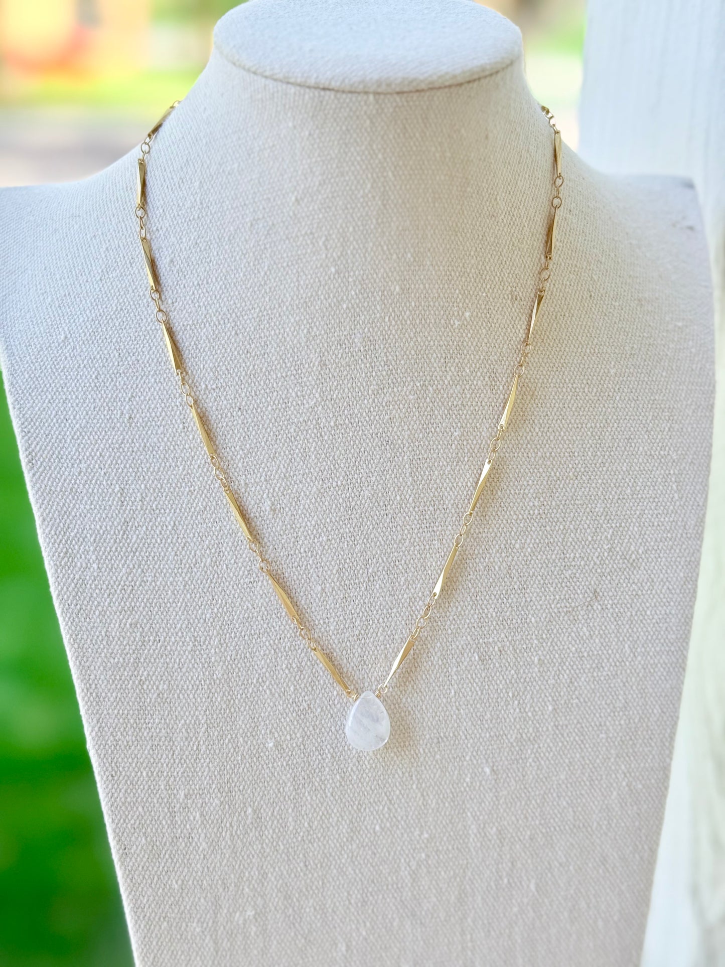 Rainbow Moonstone + Matte Gold Stick Necklace