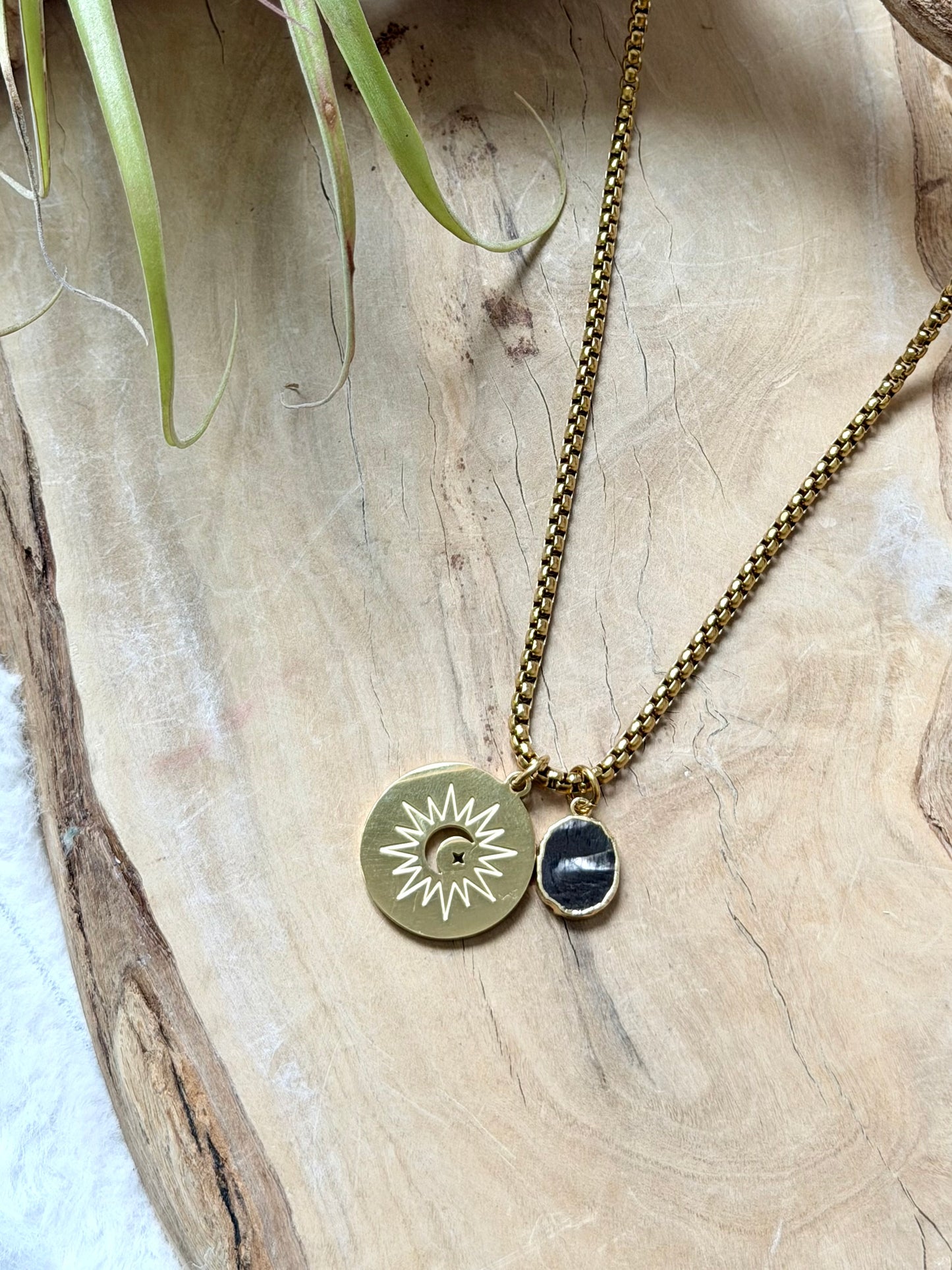Hypersthene + Gold Moon and Star Pendant Necklace