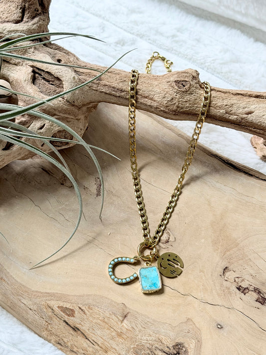 Turquoise + Labradorite Gold Carabiner Charm Necklace