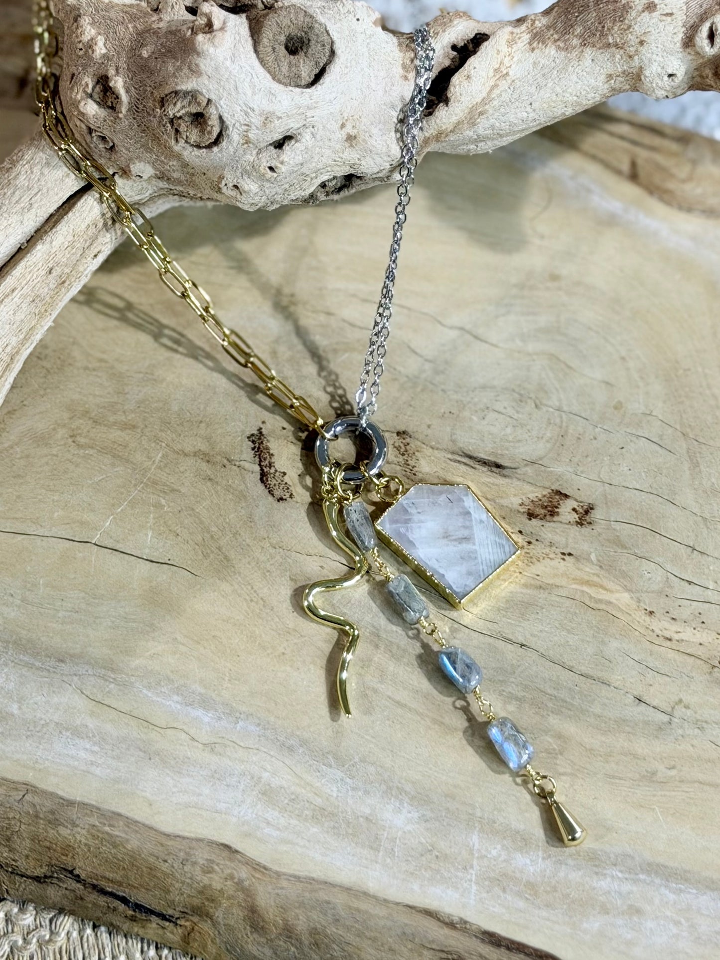 Labradorite + Mixed Metal Carabiner Charm Necklace