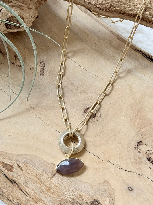 Chocolate Moonstone Evil Eye + Matte Gold Necklace