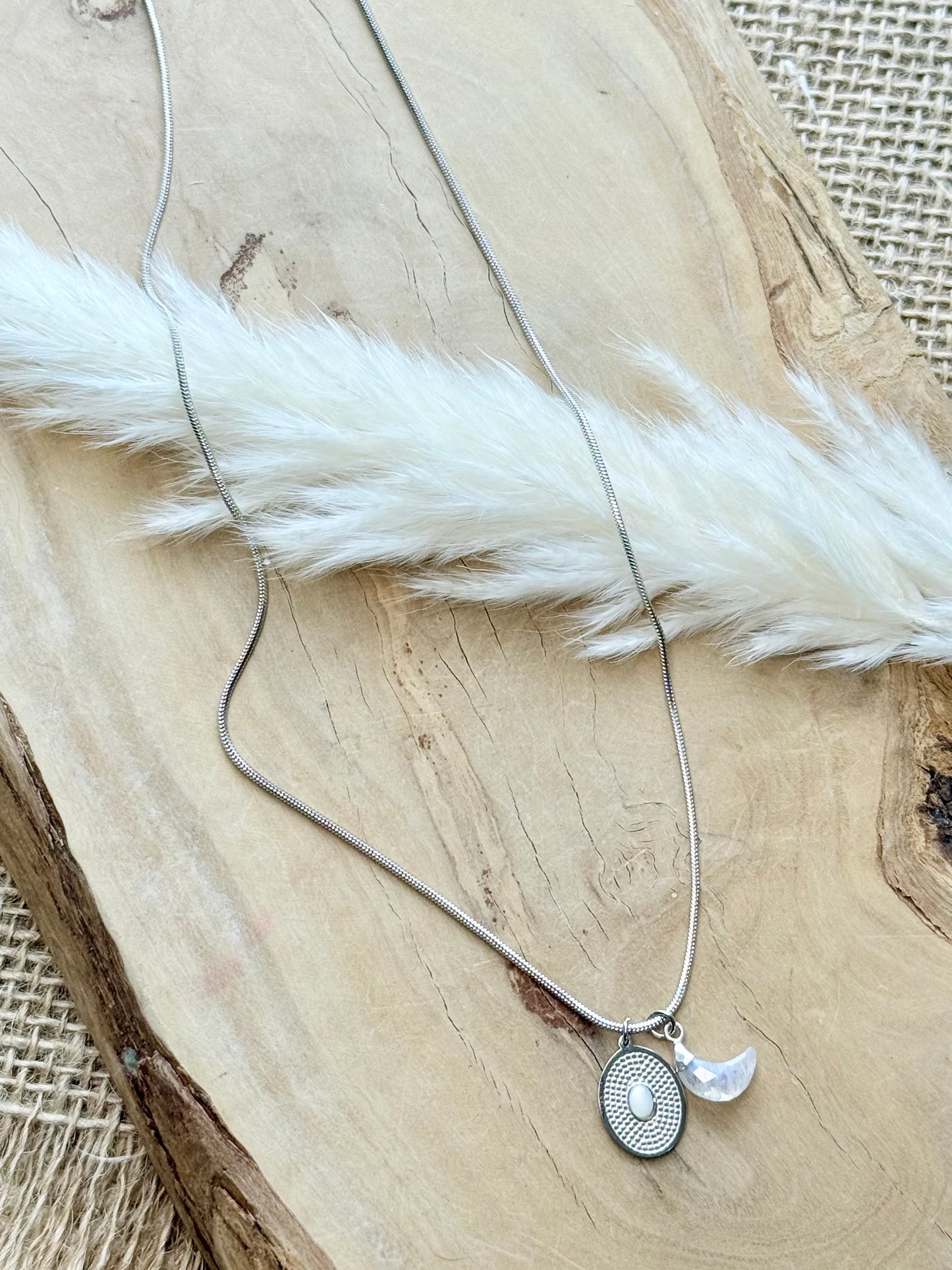 Moonstone + Stainless Steel Cluster Charm Necklace