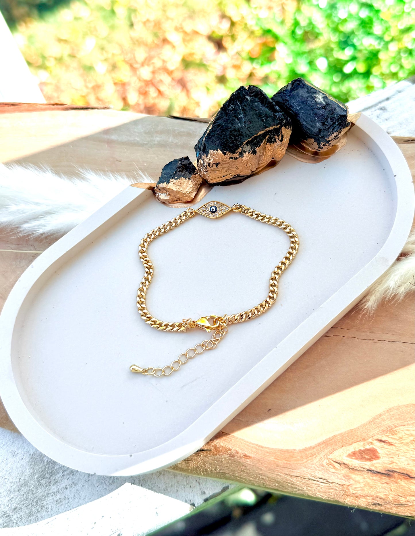 Small Black Evil Eye + Gold Chain Bracelet