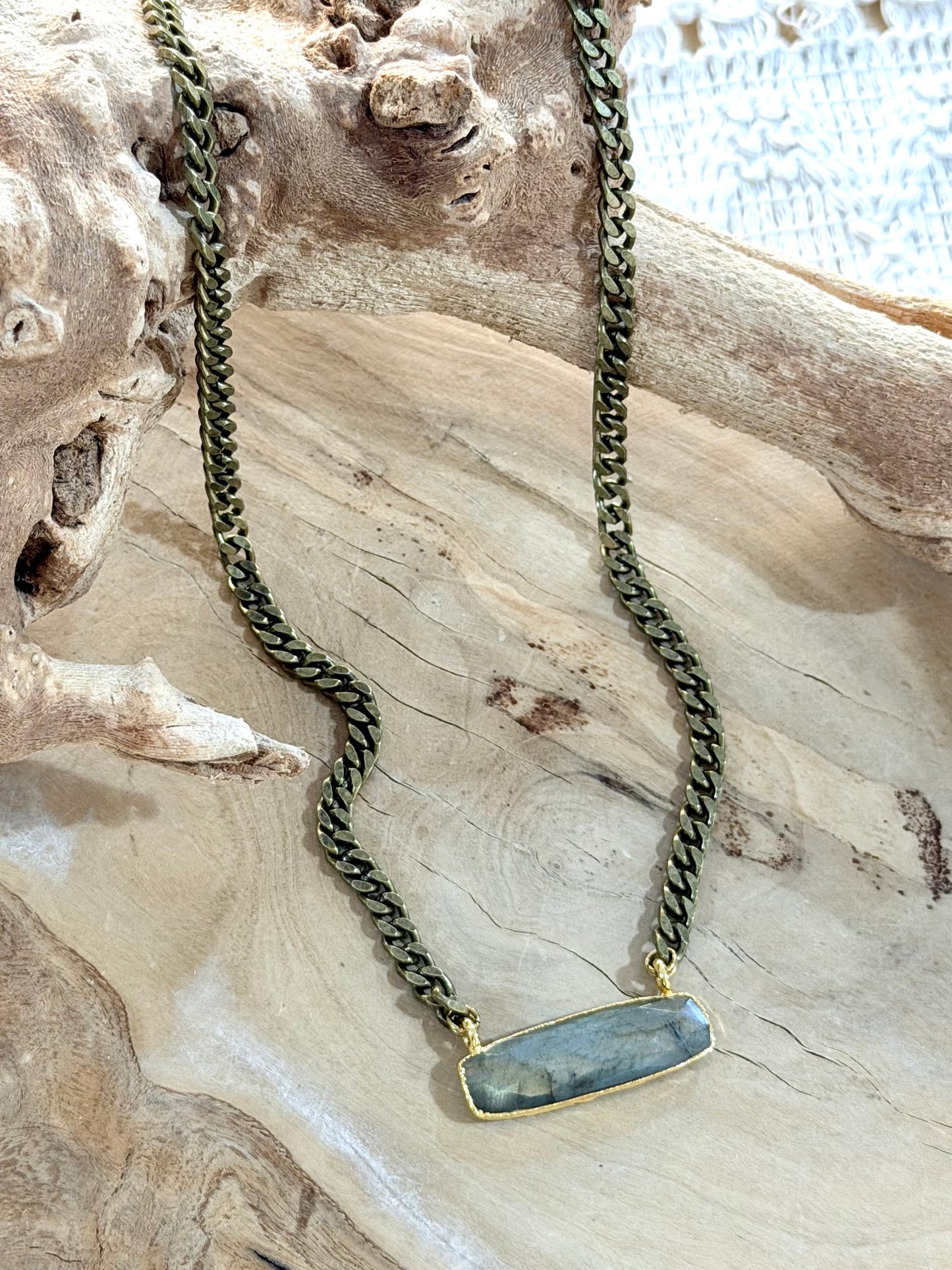 Labradorite + Antique Brass Bar Necklace