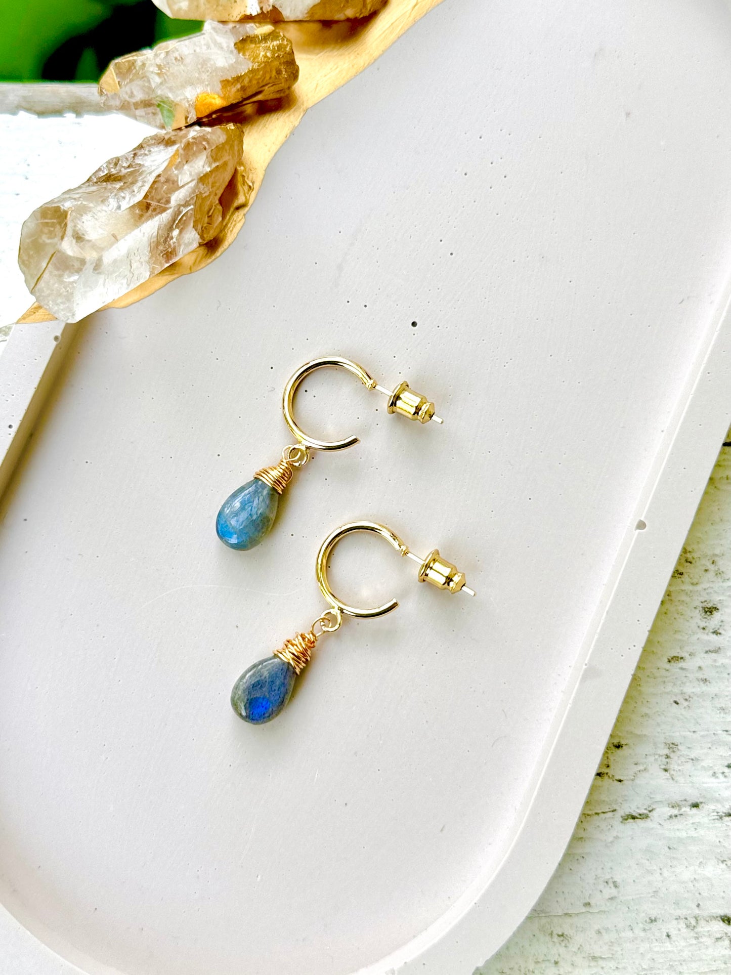 Labradorite + Gold Hoop Earrings