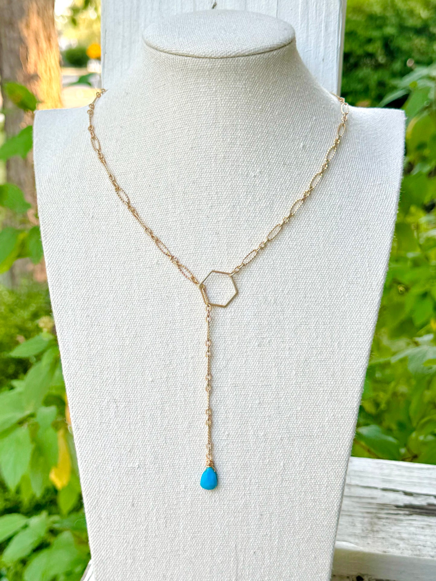 Sleeping Beauty Turquoise + Matte Gold Pull Through Lariat Necklace