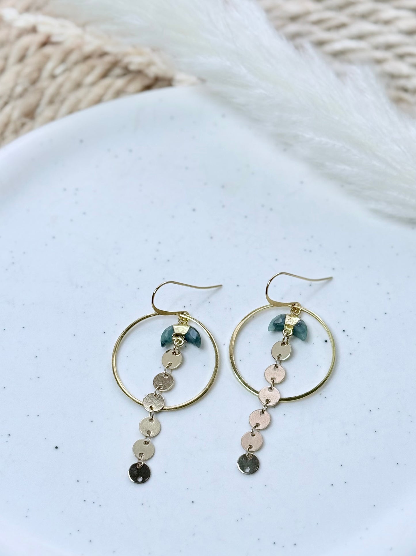 Emerald Moons + Gold Sequin Circle Earrings
