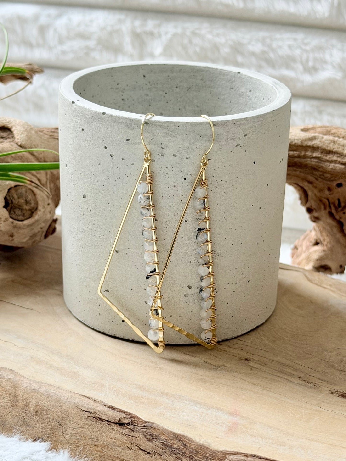 Tourmaline in Rainbow Moonstone + Gold Large Triangle Earrings
