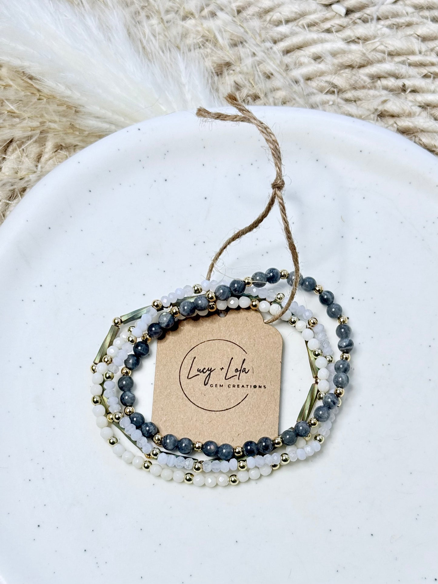 Lace Agate + Labradorite in Gold Stack (4-stack)