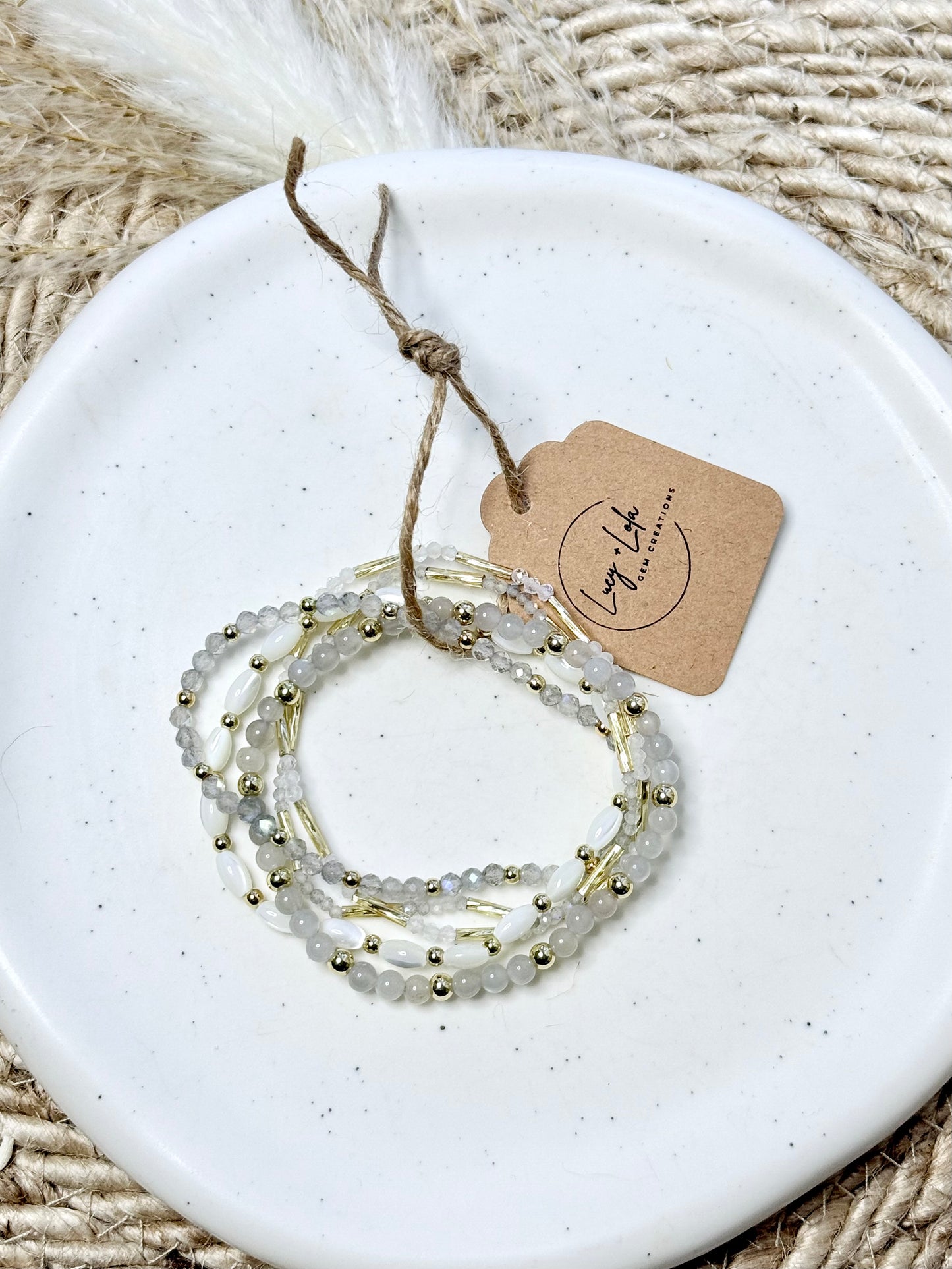 Labradorite + Moonstone in Gold Stack (5-stack)