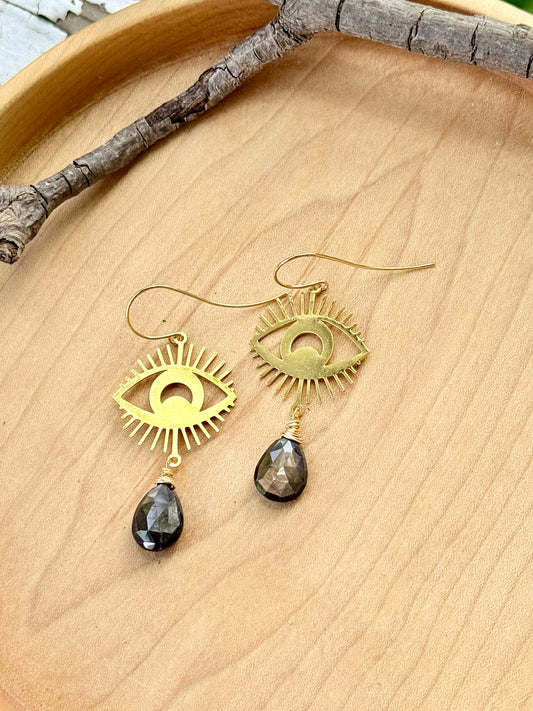 Chocolate Sapphire + Gold Evil Eye Earrings