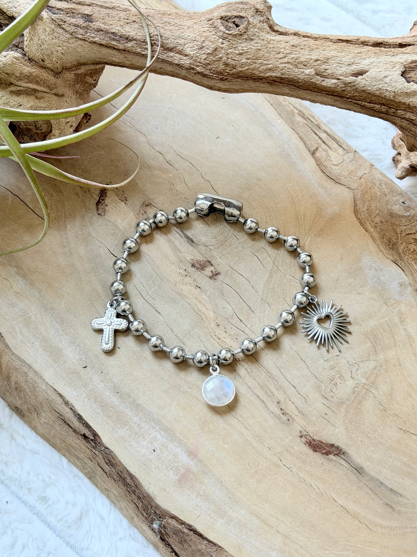 Rainbow Moonstone + Stainless Ball Chain Charm Bracelet