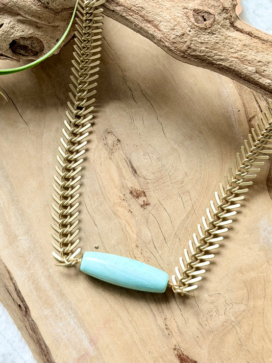 Aqua Blue Terra Agate + Matte Gold Fishbone Chain Necklace