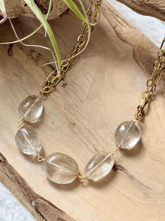 Chunky Rutilized Quartz + Gold Stainless Necklace