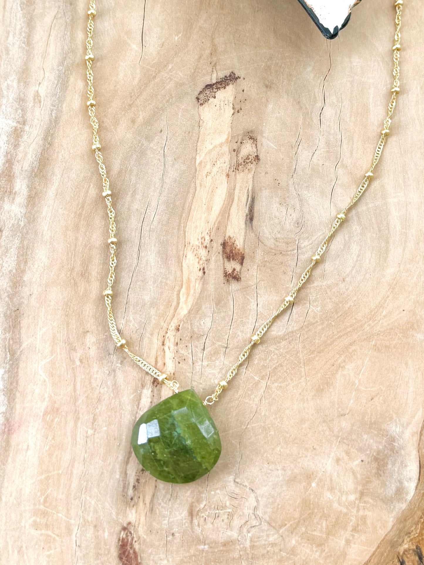 Green Garnet Pendant + Matte Gold Necklace