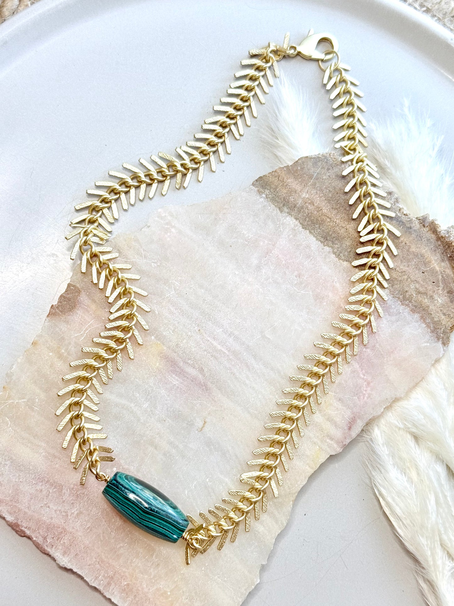 Malachite + Matte Gold Fishbone Chain Necklace