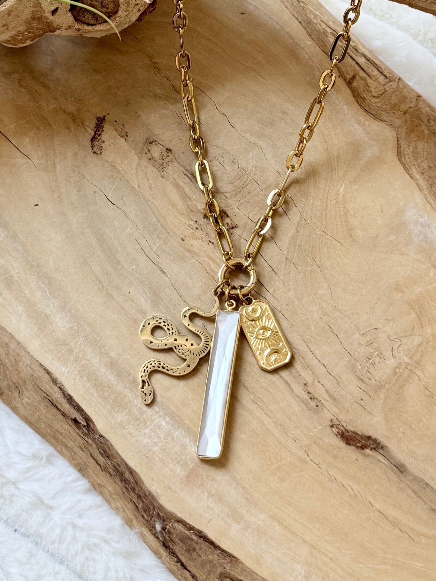 Moonstone + Gold Protection Carabiner Charm Necklace
