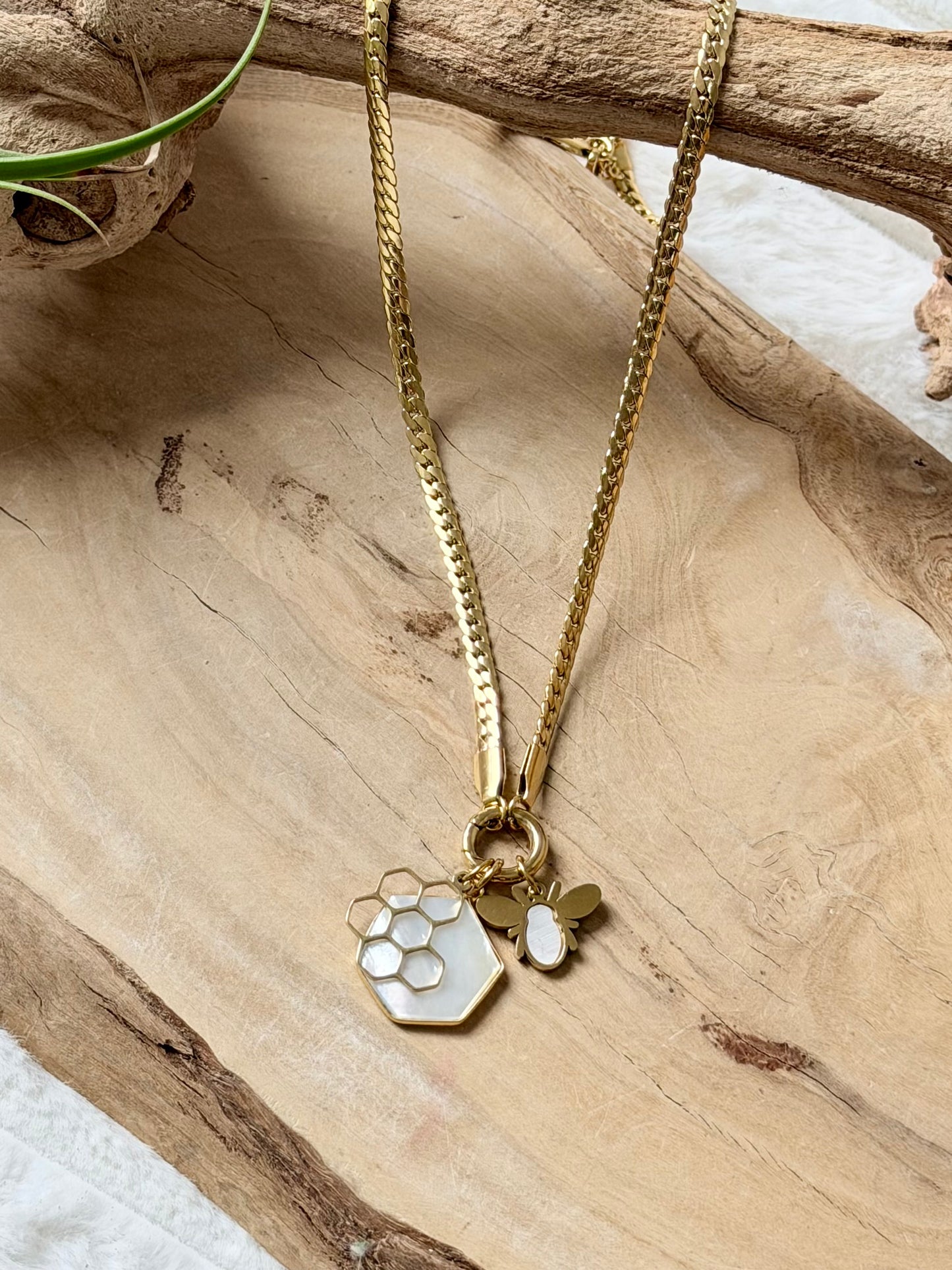 Mother of Pearl + Gold Bee Carabiner Herringbone Necklace