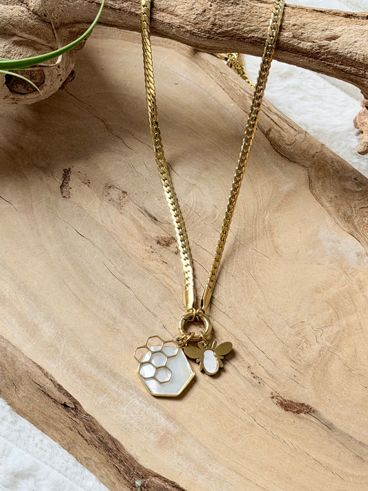 Mother of Pearl + Gold Bee Carabiner Herringbone Necklace