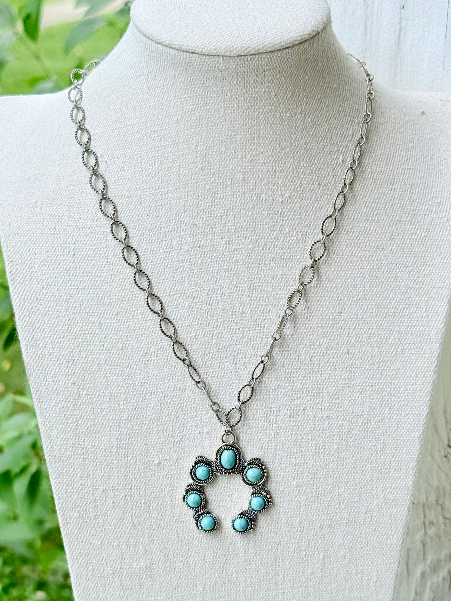 Turquoise + Antique Silver Squash Blossom Necklace