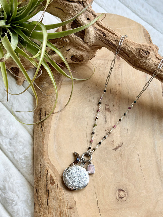 Tourmaline + Smoky Quartz Stainless Steel Locket, Carabiner Charm Necklace