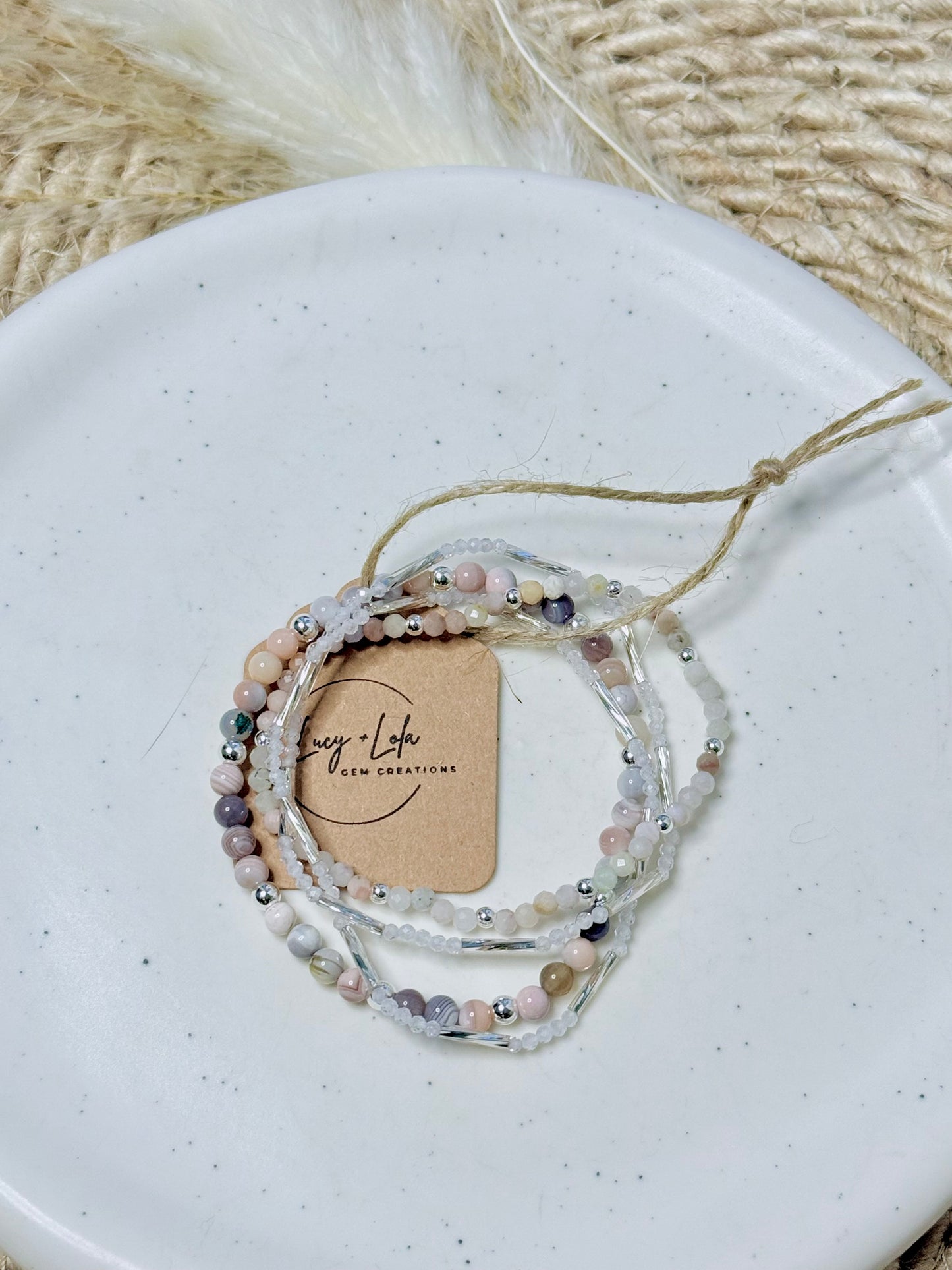 Pink Botswana Agate + Opal in Silver Stack (4-stack)