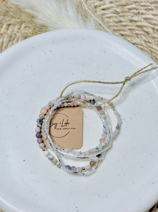 Pink Botswana Agate + Opal in Silver Stack (4-stack)