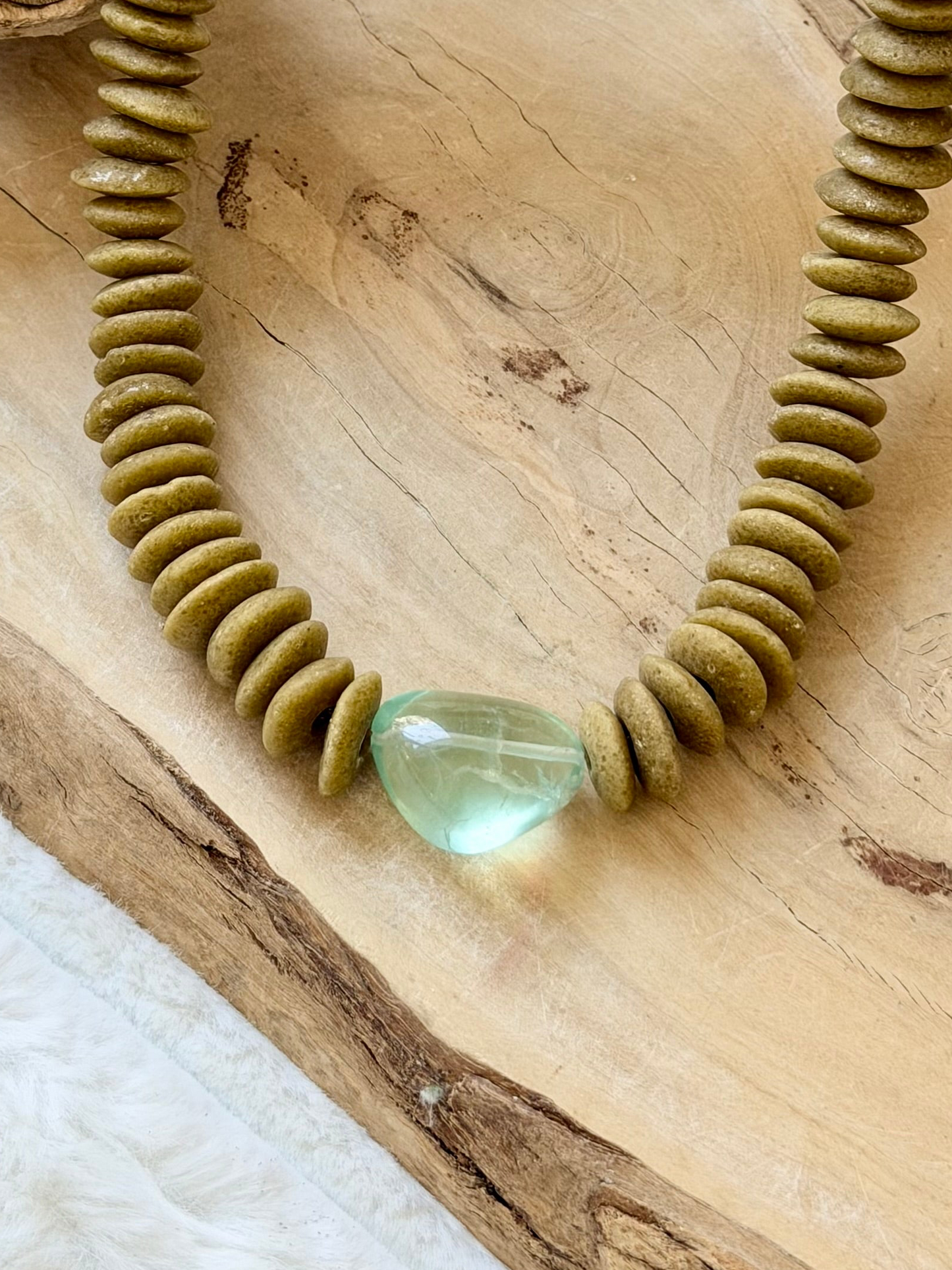 Green Fluorite + Tan African Ceramic Gold Chunky Necklace