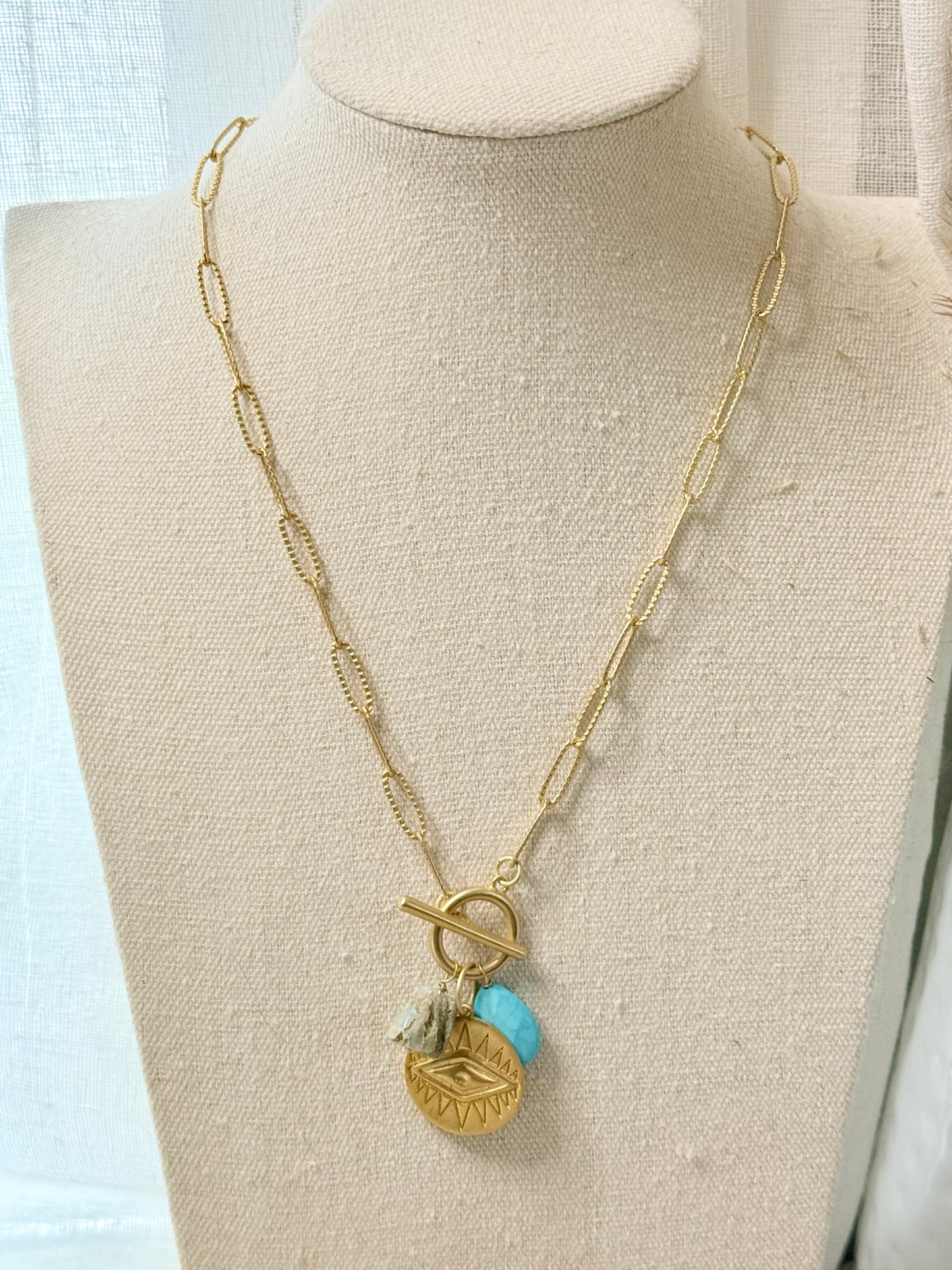 Ethiopian Opal + Turquoise Gold Charm Toggle Necklace