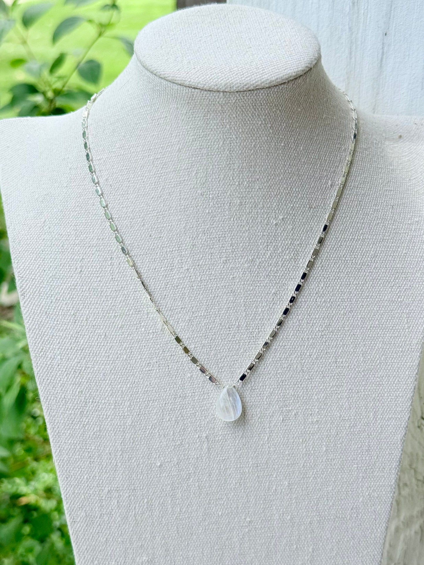 Rainbow Moonstone Teardrop + Silver Necklace