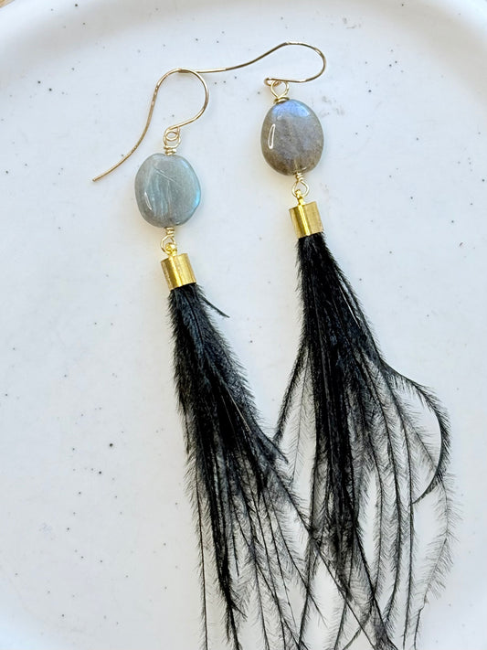 Labradorite + Gold Black Feather Earrings