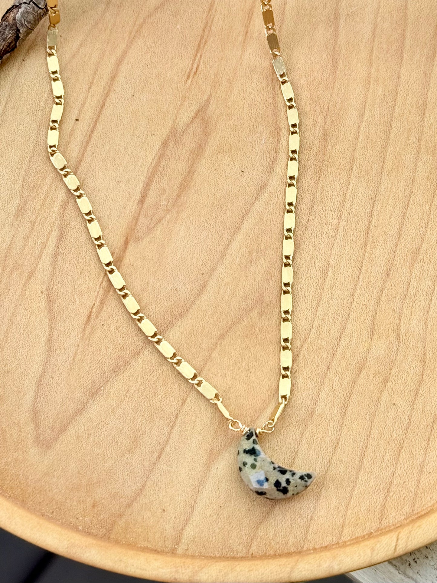 Dalmatian Jasper + Matte Gold Moon Necklace