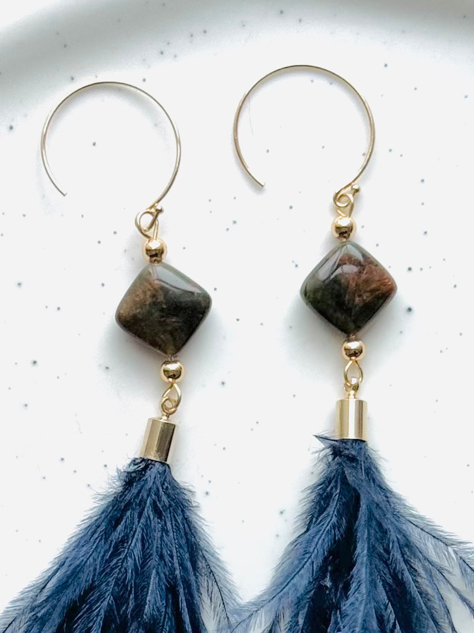 Green Opal + Gold Navy Feather Earrings