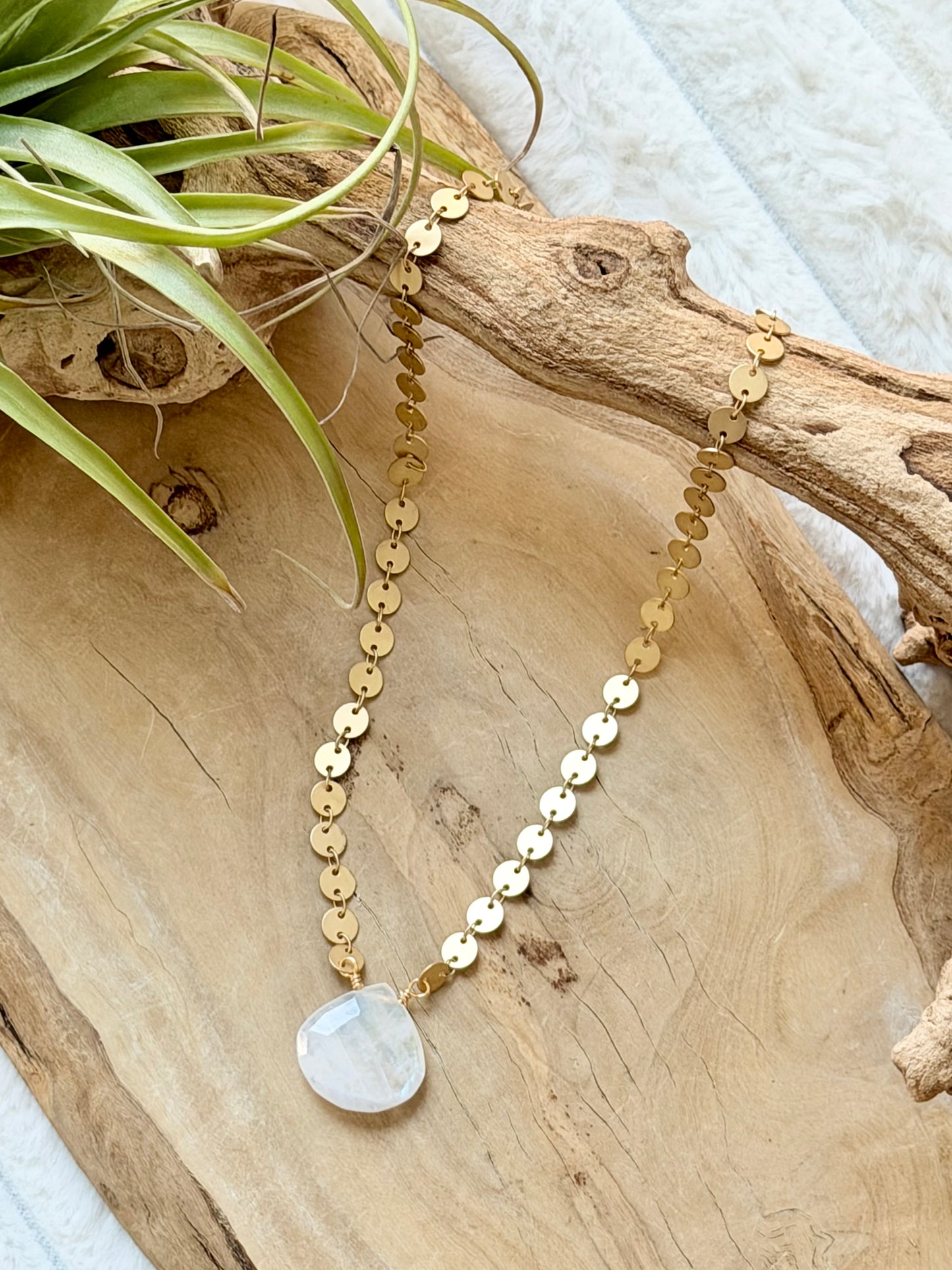 Rainbow Moonstone + Matte Gold Sequin Necklace