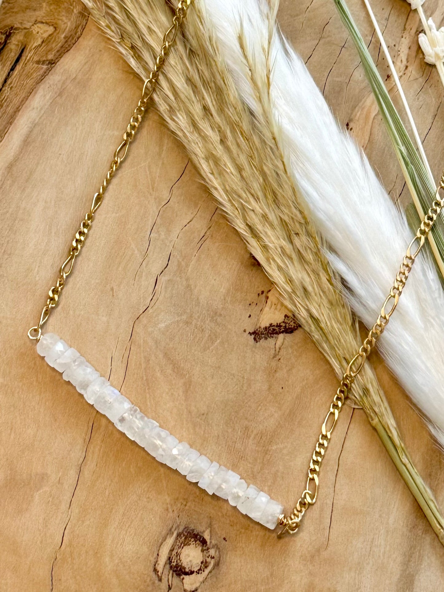 Moonstone + Gold Chain Long Bar Necklace