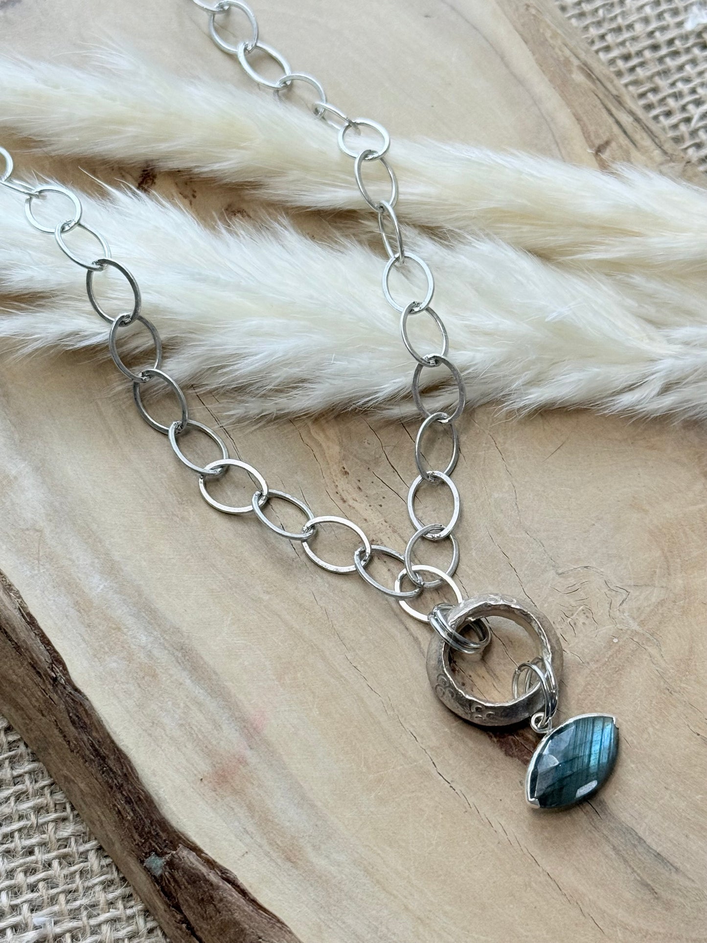 Labradorite Evil Eye + Antique Silver Necklace