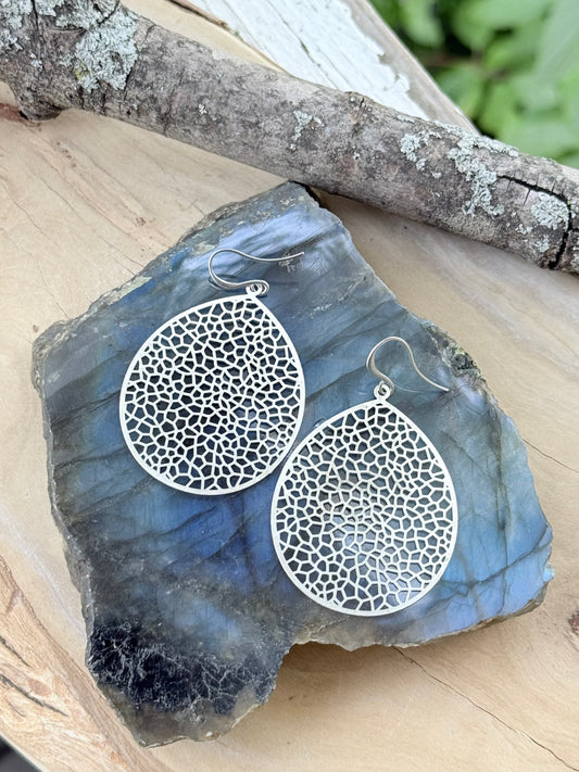 Matte Silver Filigree Teardrop Earrings