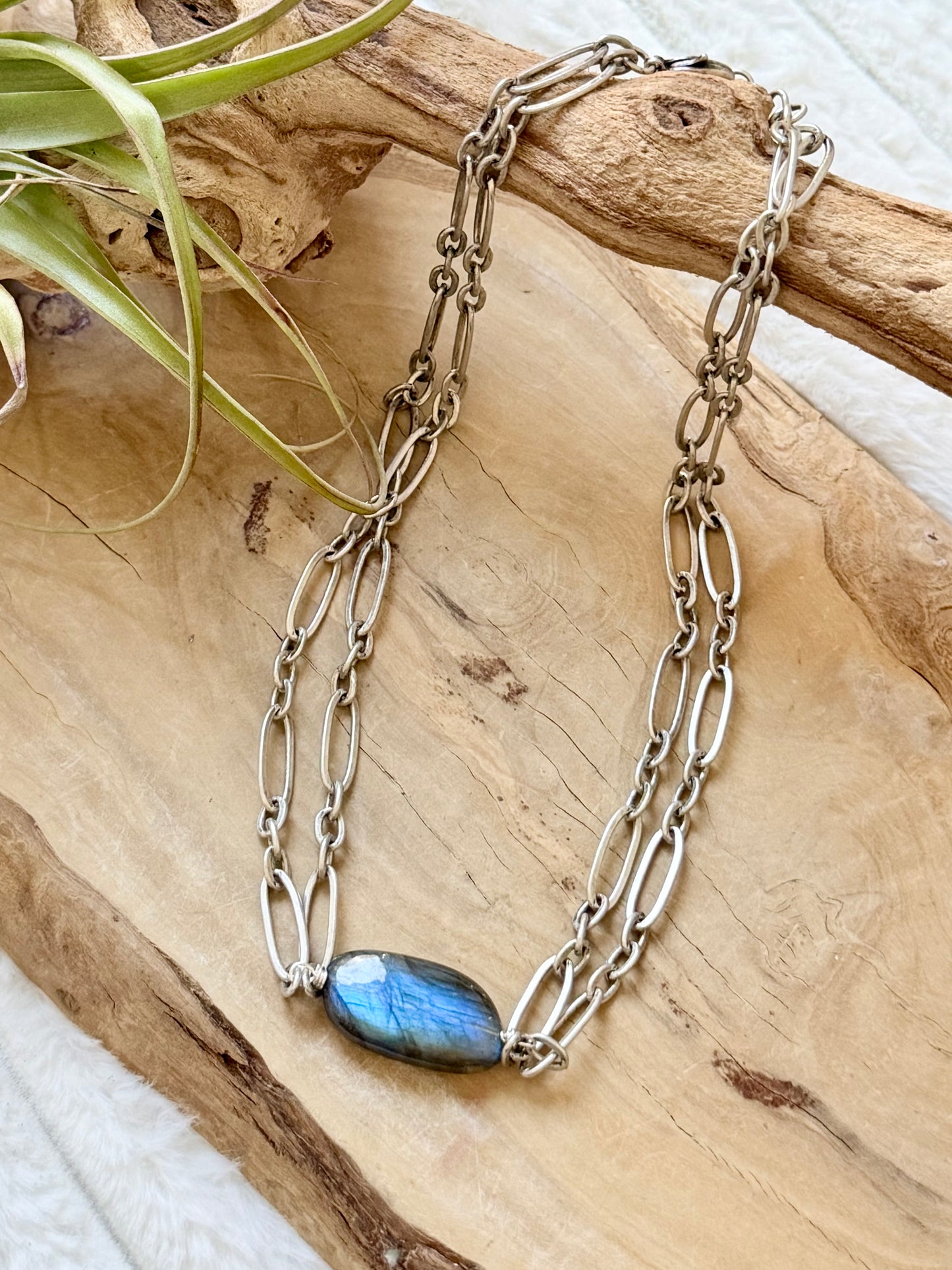 Labradorite + Antique Silver Double Chain Necklace