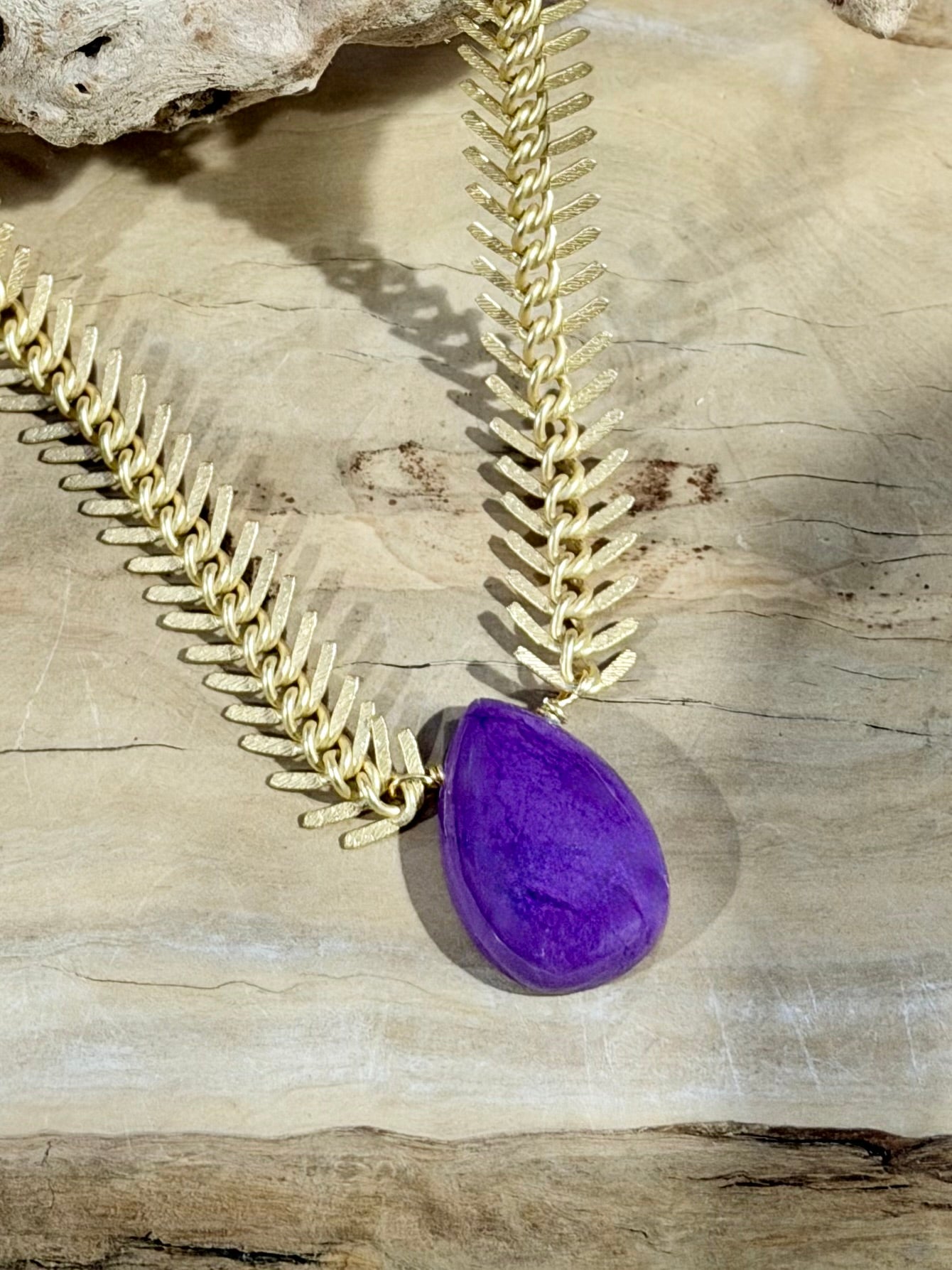 Royal Purple Phosphosiderite + Matte Gold Fishbone Chain Necklace