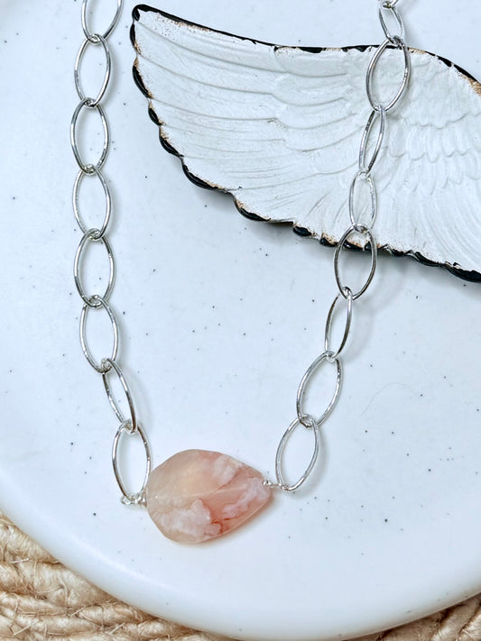 Cherry Blossom Agate + Silver Chunky Necklace