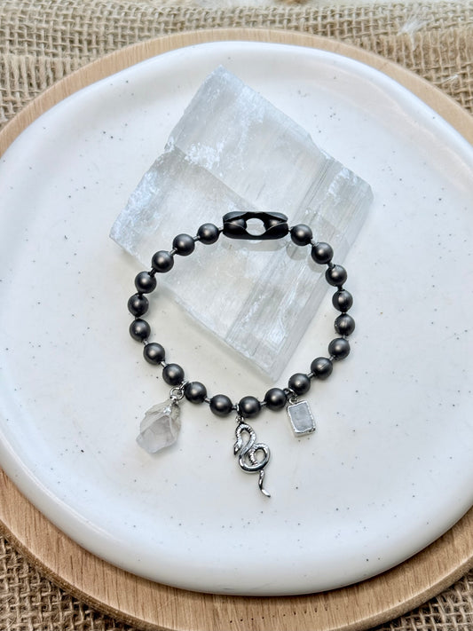 Chunky Matte Gunmetal Ball +  Silver Snake Charm Bracelet