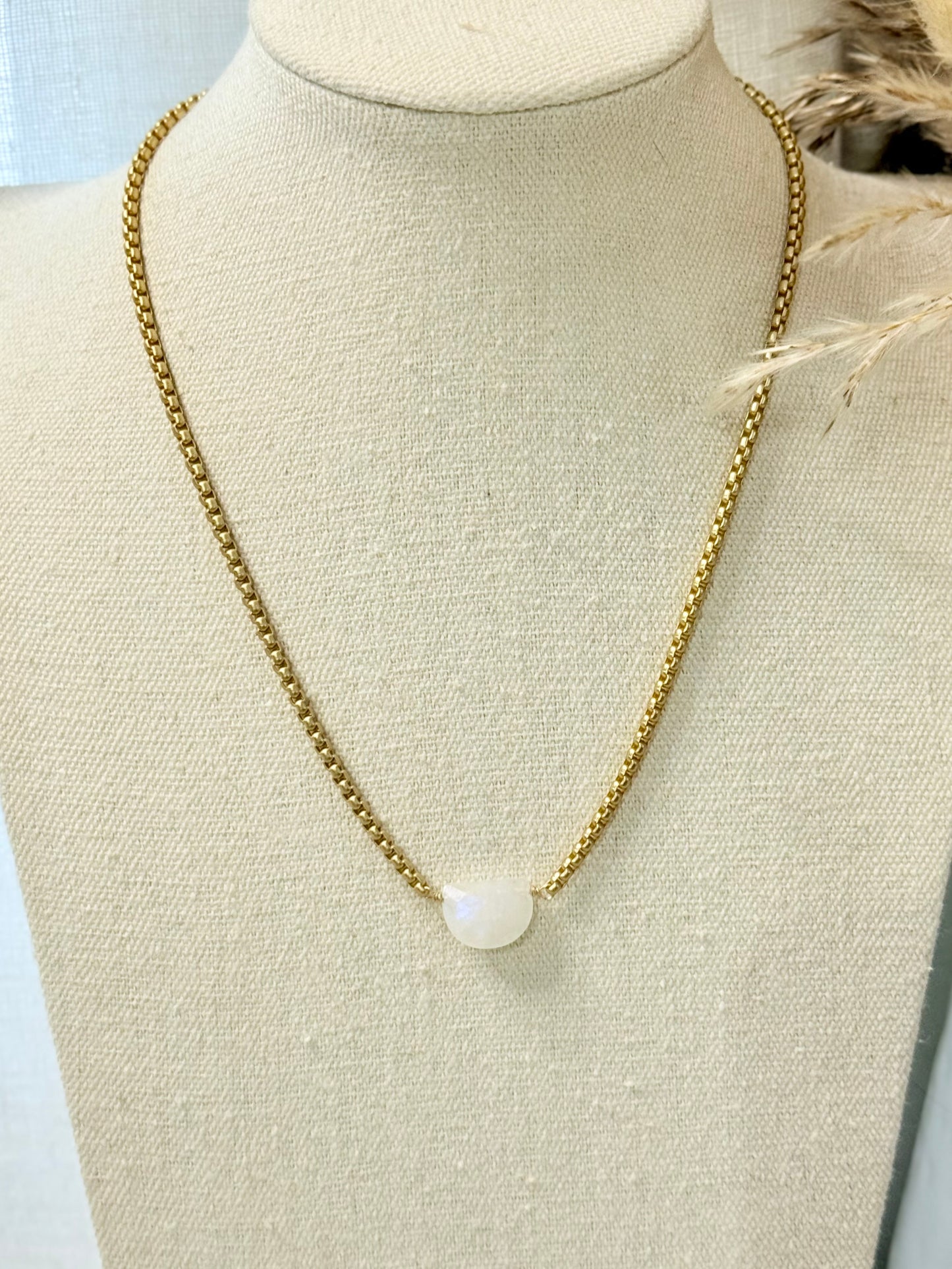 Rainbow Moonstone + Matte Gold Half Moon Necklace